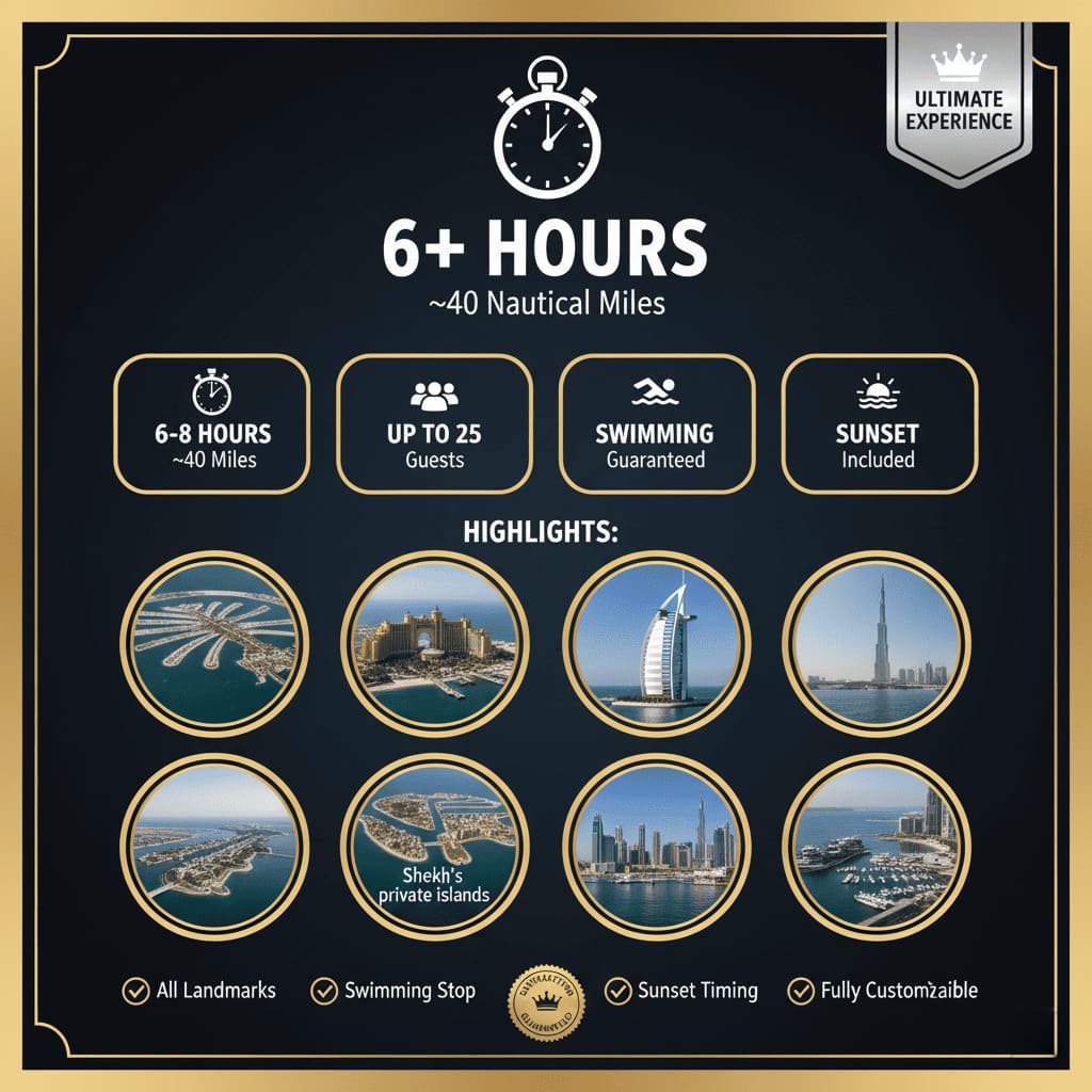 Full-experience Dubai yacht tour route, experience all city highlights.