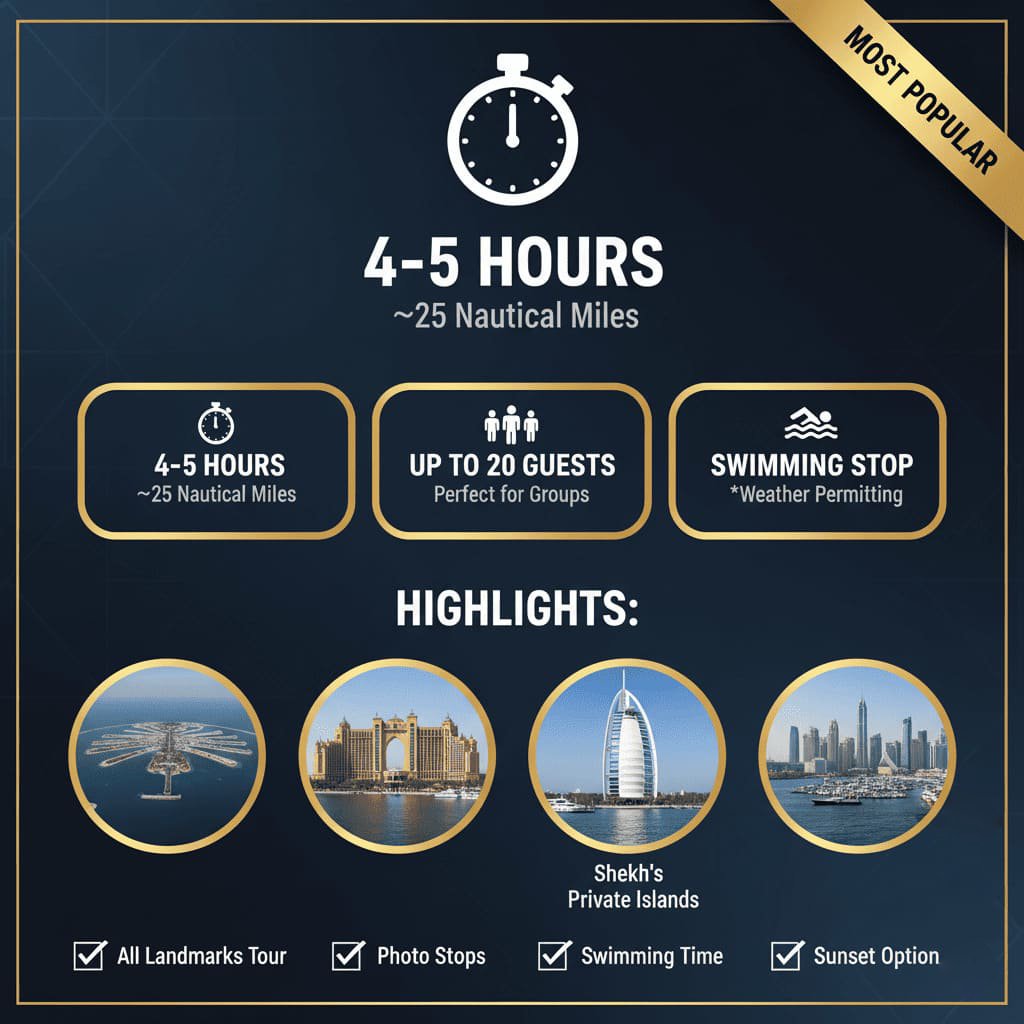 Experience Dubai's iconic landmarks yacht tour route.